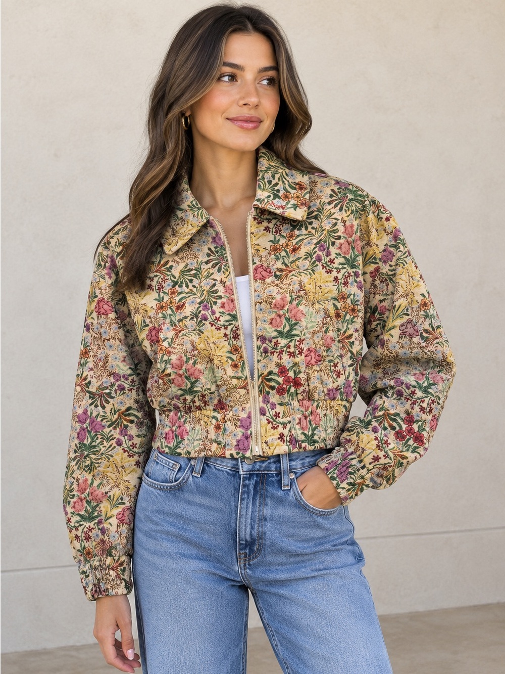 Kimchi Blue Evelyn Floral Tapestry Cropped Bomber Jacket Multicolor Size M